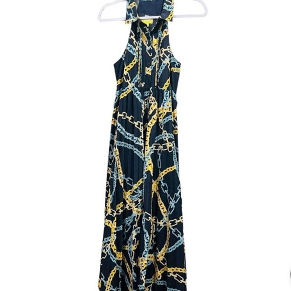 Maeve Anthropologie Chain Print Halter Midi Dress XS Keyhole Back Pleated - Picture 6 of 10